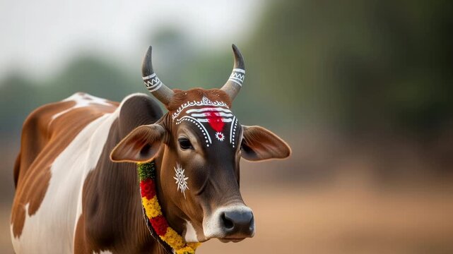 A brown and white decorated Pongal cow with traditional painted patterns and a floral garland standing in a soft rural field for harvest celebration, makar sankranti and lohri with copy space