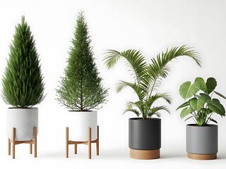 Four Potted Plants in Different Containers on White Background indoor plants green plants