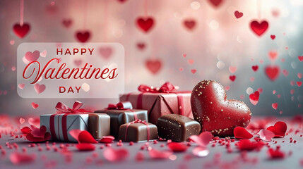 Valentine&rsquo;s Day background featuring hearts, valentines day greeting card, &ldquo;Happy Valentine&rsquo;s Day&rdquo; text, red roses, and chocolates.