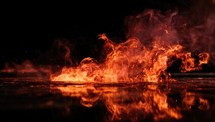 Intense, fiery spectacle, billowing flames, radiating heat, creating reflection on dark surface