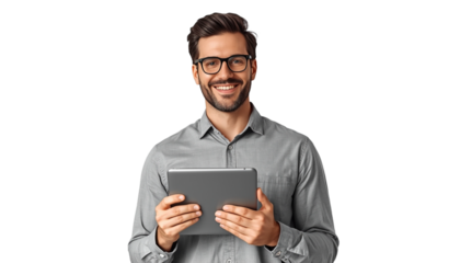 A smiling man in a gray shirt and glasses holding a tablet on