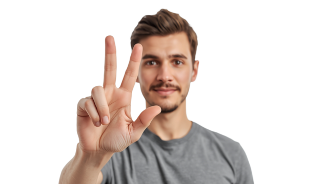 A young man making a peace sign on a - Powered by Adobe