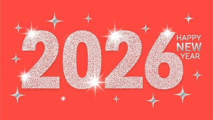 Bright and festive 2026 glittering new year banner, featuring elegant silver sparkle numbers surrounded by decorative stars on a vibrant red background