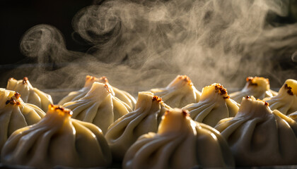 Steaming dumplings arranged in a row on a dark surface, illuminated by a warm light.