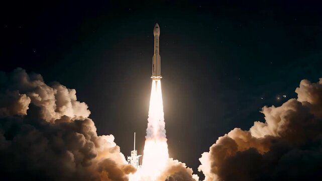 Rocket ascending into a dark night sky with bright engine flames and large billowing clouds of smoke