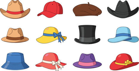 Hat icon set, cowboy, fedora, sunhat, beret, top hat, bucket, fashion headwear collection - flat vector illustrationHat icon set, cowboy,
