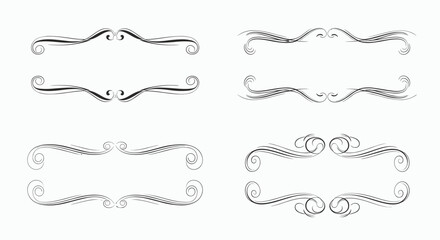 Fototapeta premium Set of four simple hand-drawn text frames with elegant swirls at the top and bottom in a vintage calligraphic sketch line style.