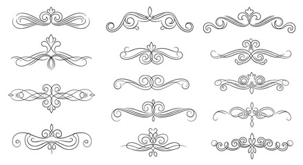 Collection of hand-drawn vintage text dividers and calligraphic ornaments with elegant swirls in a decorative black and white sketch style.