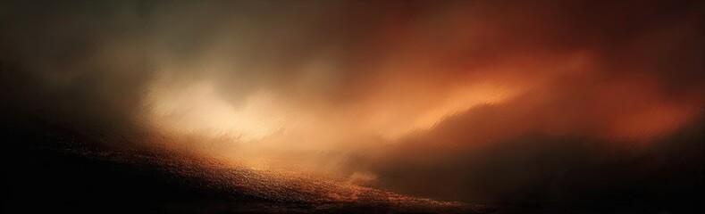 Fototapeta premium A warm, fiery sky dominates, with dark, indistinct shapes in the foreground; dramatic lighting