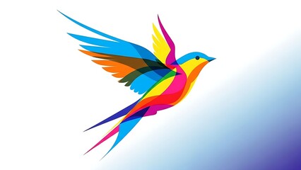 Fototapeta premium A vibrant digital illustration of a colorful stylized bird flying across a clean blue and white gradient background.