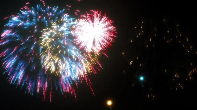 A vibrant display of fireworks illuminates the night sky with bursts of red white and blue