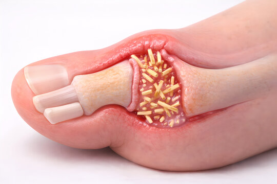 Photorealistic 3D clinical-style foot depiction, 45-degree angled view showing the big toe joint swelling consistent with gout flare, mild-to-moderate erythema