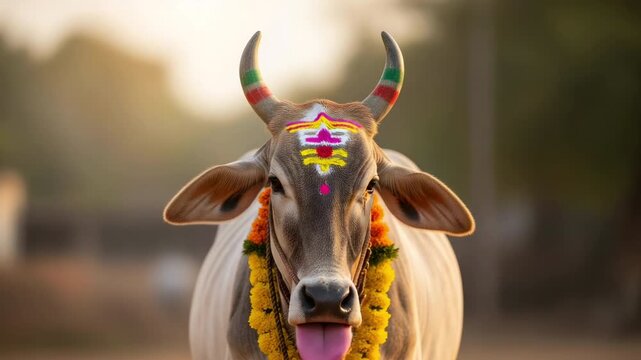 A white and grey decorated Pongal cow with vibrant painted horns and a yellow marigold garland standing in a sunlit rural field background for harvest celebration, makar sankranti and lohri