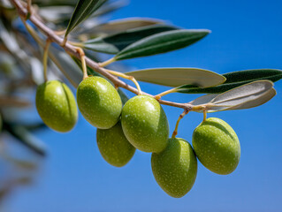 Cluster of fresh green olives hanging from a branch with elongated leaves against a clear blue sky on a sunny day in nature environment