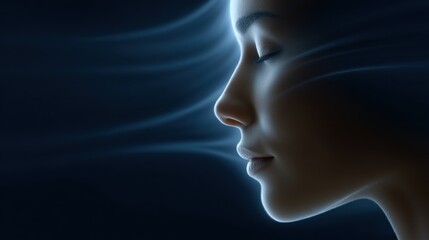 Obraz premium Ethereal Woman with Serene Expression Surrounded by Soft Flowing Light and Mystical Aura on Dark Background
