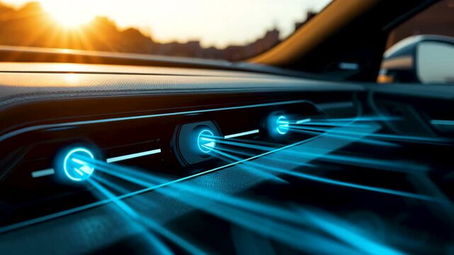Close view of a modern car interior with glowing blue sensor icons and projected lines across the side panel
