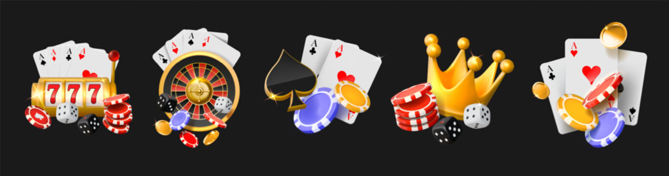 Poker icons. Casino game bonus card, 3d gold gamble logo or online roulette play. Golden crown. Dice and chips. Blackjack luck entertainment. Jackpot render glossy symbol. Vector illustration