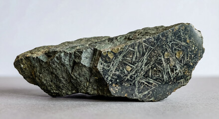 A collectible geological specimen of ultramafic komatiite rock with classic spinifex texture with elongated bladed crystals on a cut polished face