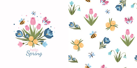 Spring delicate background and seamless floral pattern. Vector design for fabric, wallpaper, wrapping paper, and more.