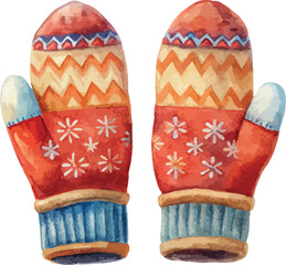 Nordic Winter Red Mittens Cozy Knitwear Folk Pattern Watercolor Vector Illustration
