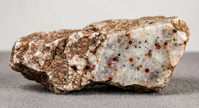 Coesite bearing pyrope quartzite with distinct reddish garnet crystals in quartz matrix.