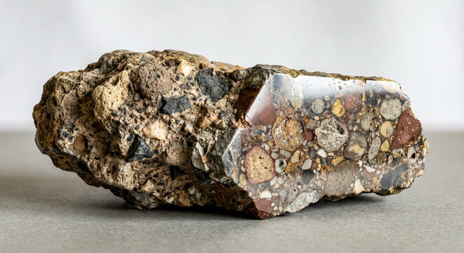 Volcanic lapilli tuff specimen with multicolored volcanic clasts and ash matrix on a cut polished face