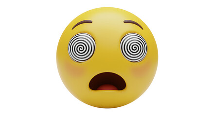 Fototapeta premium Dizzy shocked emoji face with spiral eyes showing confusion and disorientation on white background