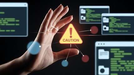 A hand reaching out towards a caution sign over code windows suggesting a system vulnerability concept