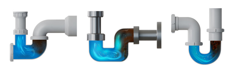 Pipe drain. Clean water clog in toilet. Sink cleaner in blocked bathroom siphon. Clear or dirt liquid sewerage. Washbasin sanitation unclog fix. Vector isolated realistic objects set
