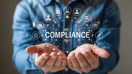 Global Regulatory Compliance and Business Standards Concept with Man Holding Interconnected Digital Icons