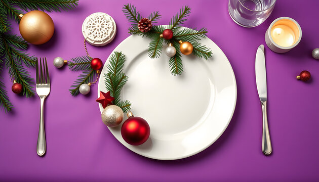 Christmas dinner plate decoration with xmas ornaments on purple background. Merry christmas snd winter holiday theme. Happy New Year. Noel, realistic. White tone