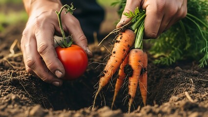 Farmer hands harvesting organic vegetables from rich soil, close-up macro view of hands and vegetables (tomatoes, carrots), morning light on hands, dirt and roots visible, sustainable agriculture, pho