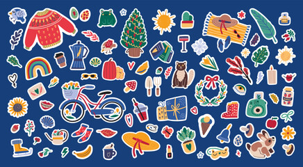 Cute scrapbook stickers. Planner memo icons. Seasonal weather. Clothes or accessory. Labels collection. Flowers and winter gift. Casual sweater for autumn. Beach blanket. Vector symbols set