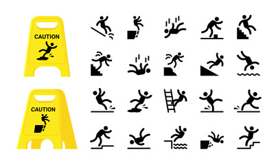 Safety icons. Fall slip sign, man caution in trip, injury accident. Stick floor, risk for person figure. Work hazard. Jumping and landing character. Vector pictogram isolated silhouette set