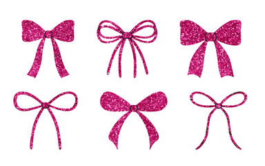 Set of pink shiny ribbon bows of different shapes, shiny decorative elements isolated on white background for Valentine's Day design. Glitter hair accessories.