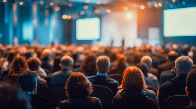 Audience attending a professional seminar or conference in a large hall with presenters visible on illuminated screens at the front of the room