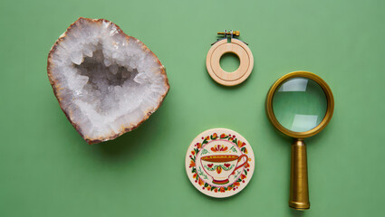 Artistic Still Life Composition Featuring Geode, Embroidery Hoop, Magnifying Glass, and Decorative Coaster on a Solid Green Background