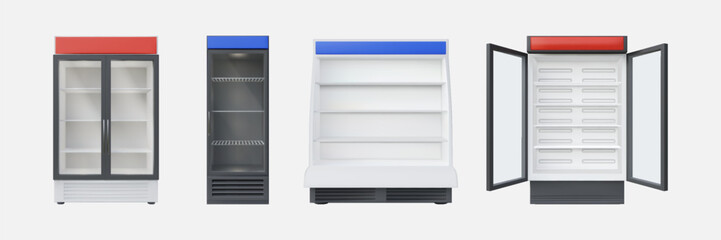 Supermarket chiller. Shop food freezer. 3D empty store shelf. Grocery cooler door with glass display. Commercial fridge. Open and close freezing rack. Vector furniture isolated set