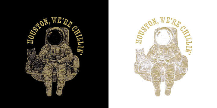 Astronaut and cat relaxing with coffee in space