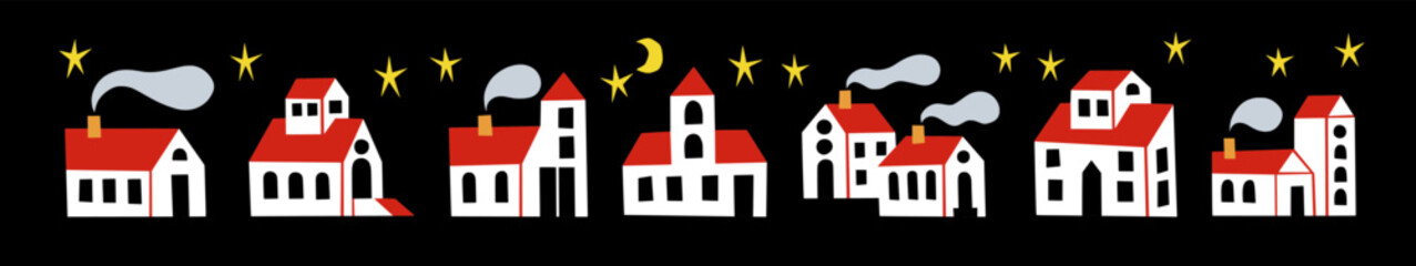 Town house. Small home building, abstract doodle village or old sketch flat urban apartments, roof and windows. Real estate logo. Childish elements for nursery. Vector cartoon illustration