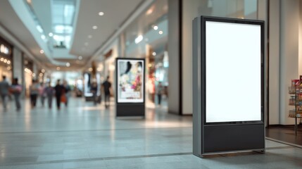 Display stands are present in a shopping mall while people move around. Shoppers are engaged in various activities like browsing and talking with others.
