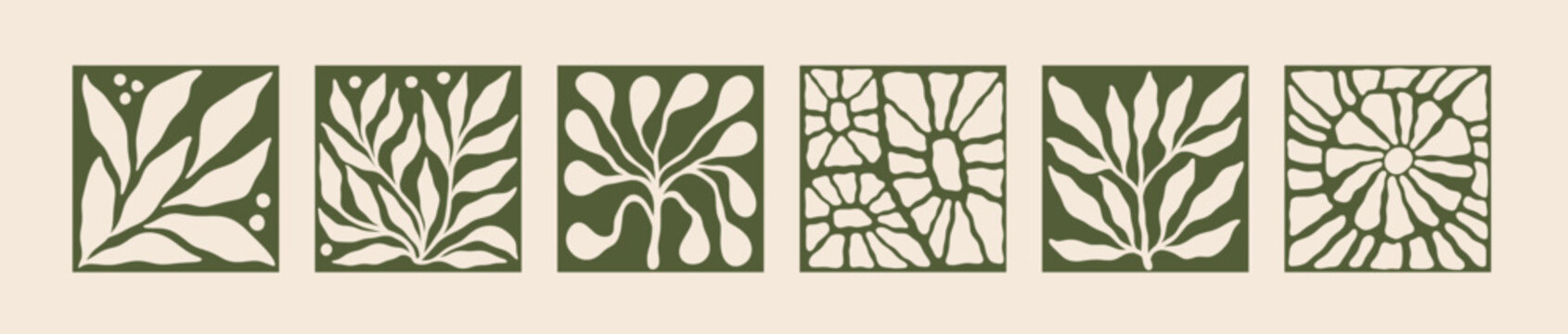 Abstract leaf set. Organic flower shape, vintage art form elements or retro simple floral drawing. Square frame. Botanical branches, print or card blossom silhouette. Vector hand drawn design