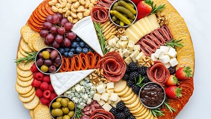 Abundant charcuterie board with assorted meats, cheeses, fruits and crackers