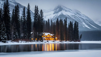 Cozy cabin on a frozen lake surrounded by snow covered mountains and evergreen trees