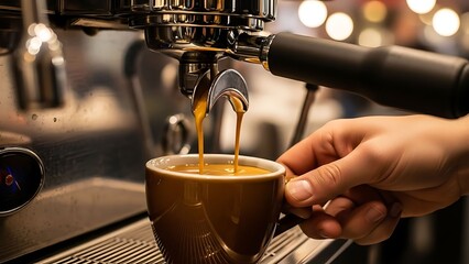 Espresso machine pouring fresh coffee into a cup.