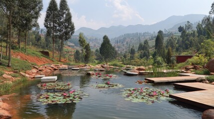 Serene natural pond with blooming water lilies surrounded by lush green hillside terrain