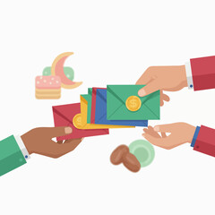 Hands exchanging colorful money envelopes and gifts during a festive celebration with cultural symbols like a crescent moon, cake, and dates.