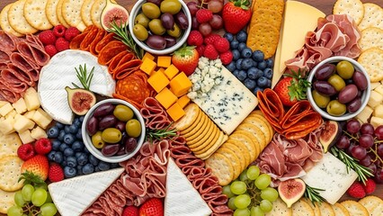 Gourmet charcuterie and cheese board with fresh fruits and olives