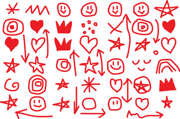 Obraz premium Hand drow graffiti symbols and paintings set. A playful collection of hand-drawn red doodle icons and symbols on a white background. A vibrant and playful pattern of various hand-drawn doodle icons in