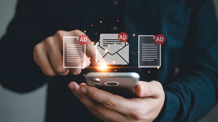 Mobile advertising and digital marketing concept with smartphone displaying ad icons and email notifications